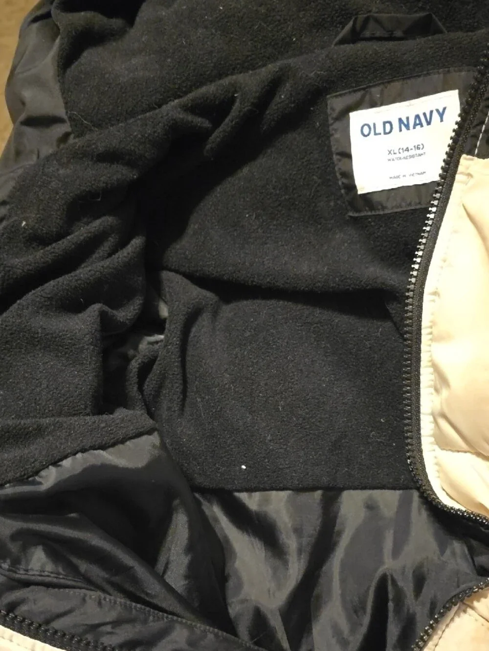 Old Navy Black and Cream Colorblock Puffer Jacket